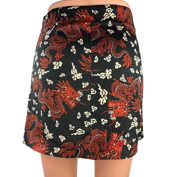 ZARA Women's Multi Chinese Dragon Print Silky Satin Slip Straight Mini Skirt XS - Picture 3 of 6